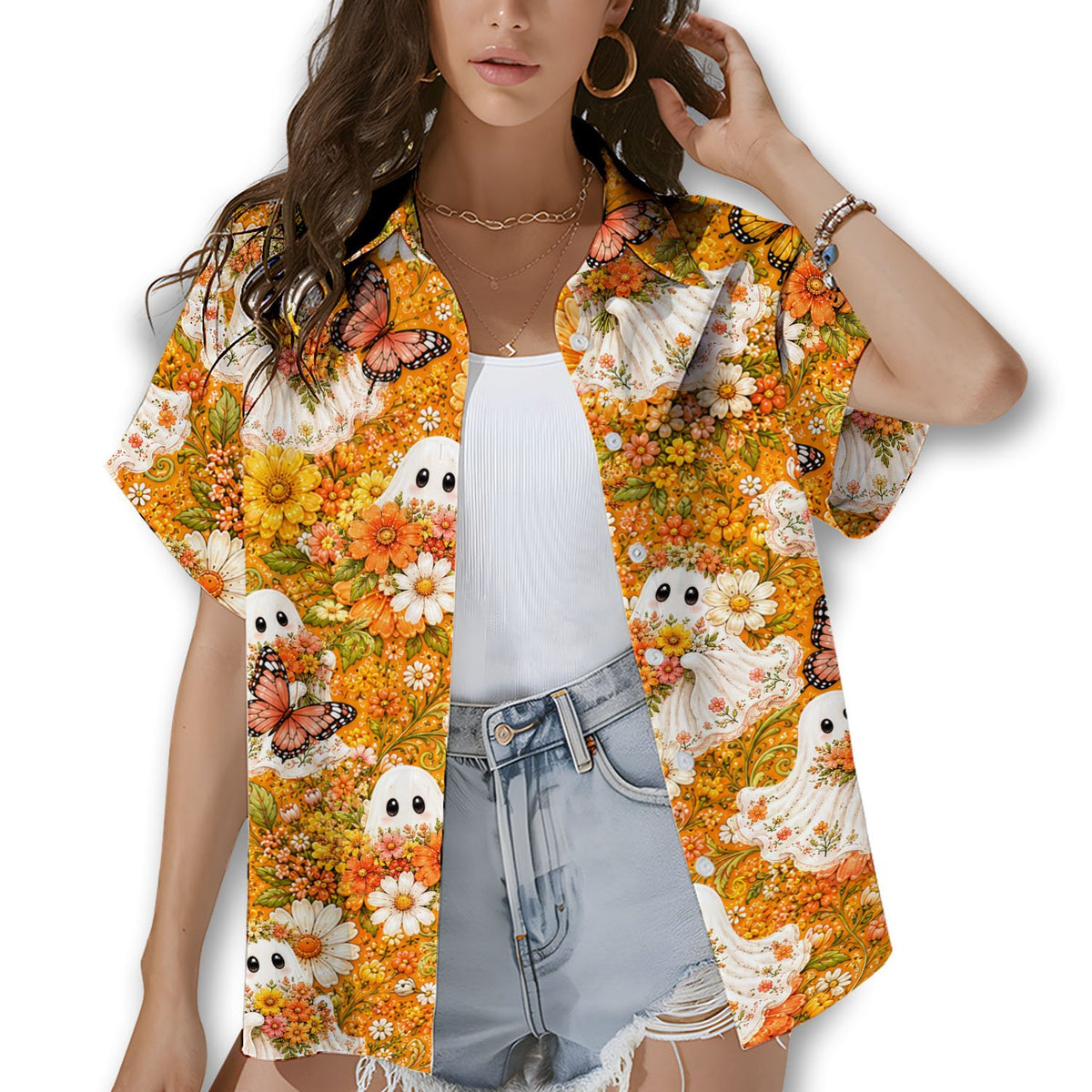 Family wearing matching halloween floral ghosts hawaiian shirts outdoors, lifestyle view