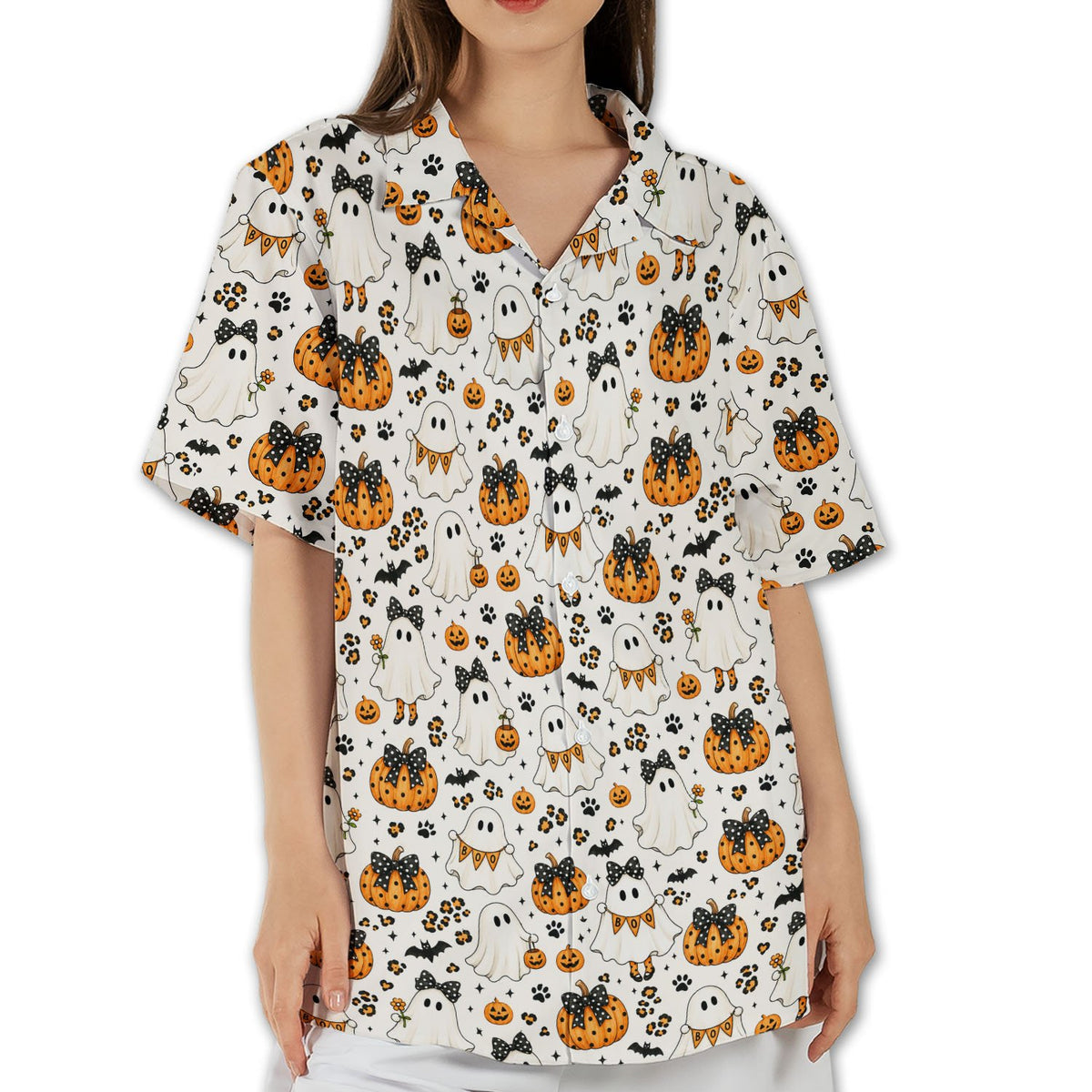 Halloween ghosts and pumpkins hawaiian shirt, front view