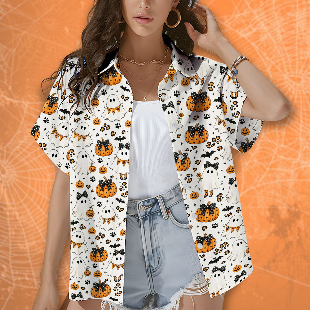Family lifestyle view wearing matching Halloween ghosts and pumpkins hawaiian shirts