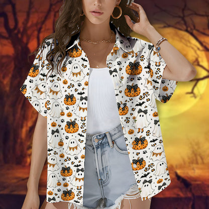 Group wearing matching Halloween ghosts and pumpkins hawaiian shirts