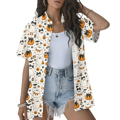 People in Halloween ghosts and pumpkins hawaiian shirts, lifestyle shot