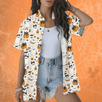 Casual lifestyle view of matching Halloween ghosts and pumpkins hawaiian shirts