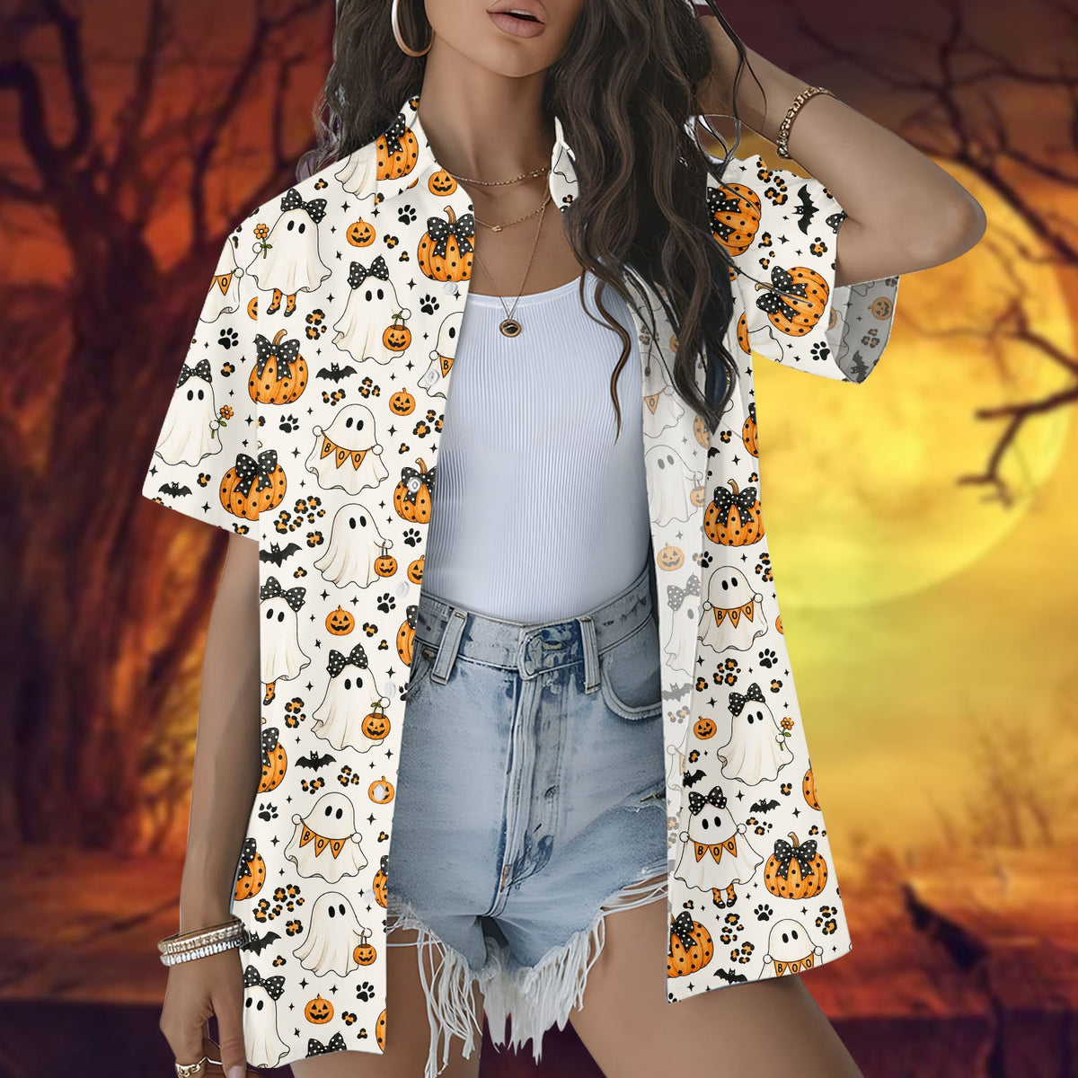 Family matching Halloween ghosts and pumpkins hawaiian shirts lifestyle image