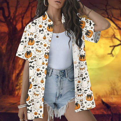 Family matching Halloween ghosts and pumpkins hawaiian shirts lifestyle image