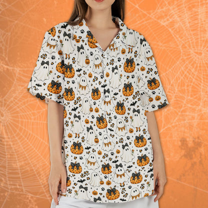 Outdoor lifestyle shot of Halloween ghosts and pumpkins hawaiian shirt