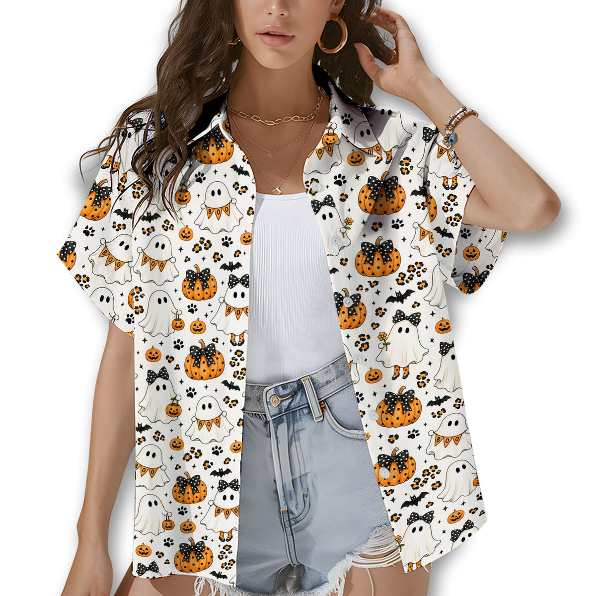Family wearing matching Halloween ghosts and pumpkins hawaiian shirts outdoors