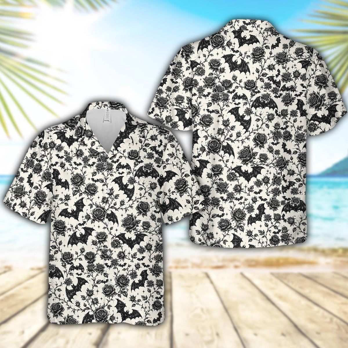 Front view of the gothic floral matching family hawaiian shirt