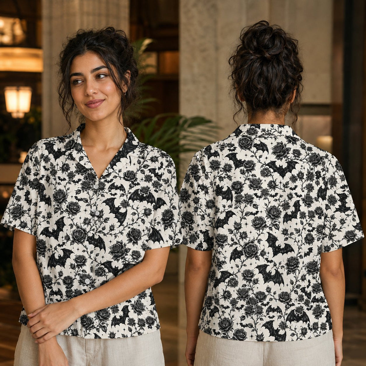 Lifestyle view of the halloween gothic hawaiian shirt worn outside