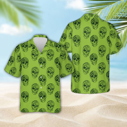 Green matching family hawaiian shirt with skulls, front view