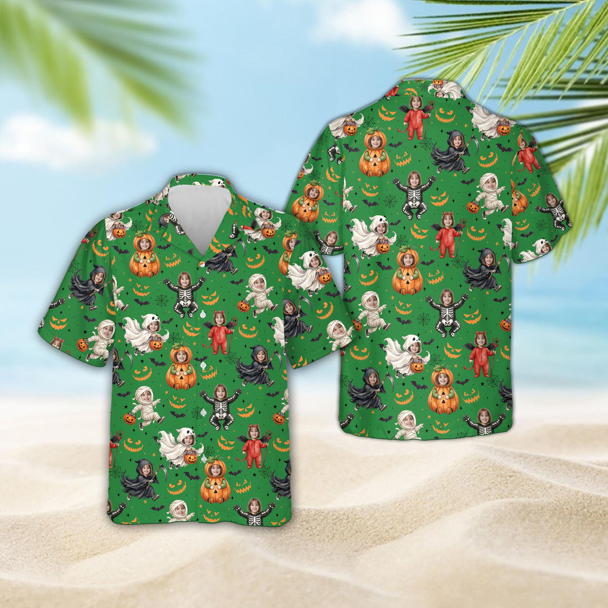 Green matching family hawaiian shirt with Halloween pattern, front view