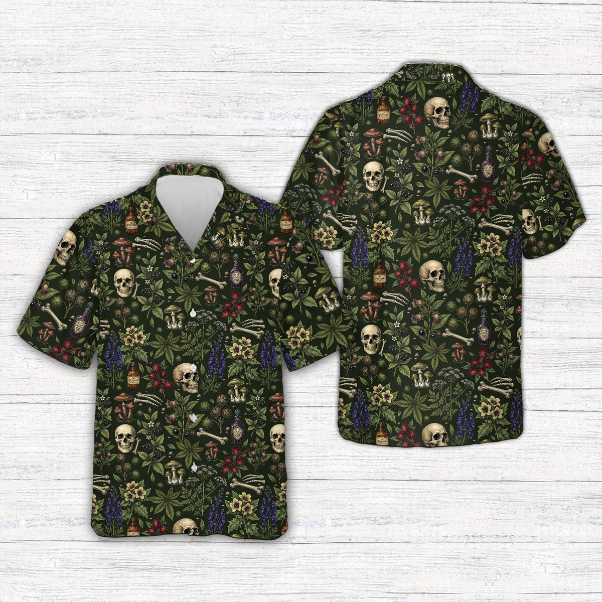 Front view of the green Halloween Hawaiian shirt with a dark botanical design