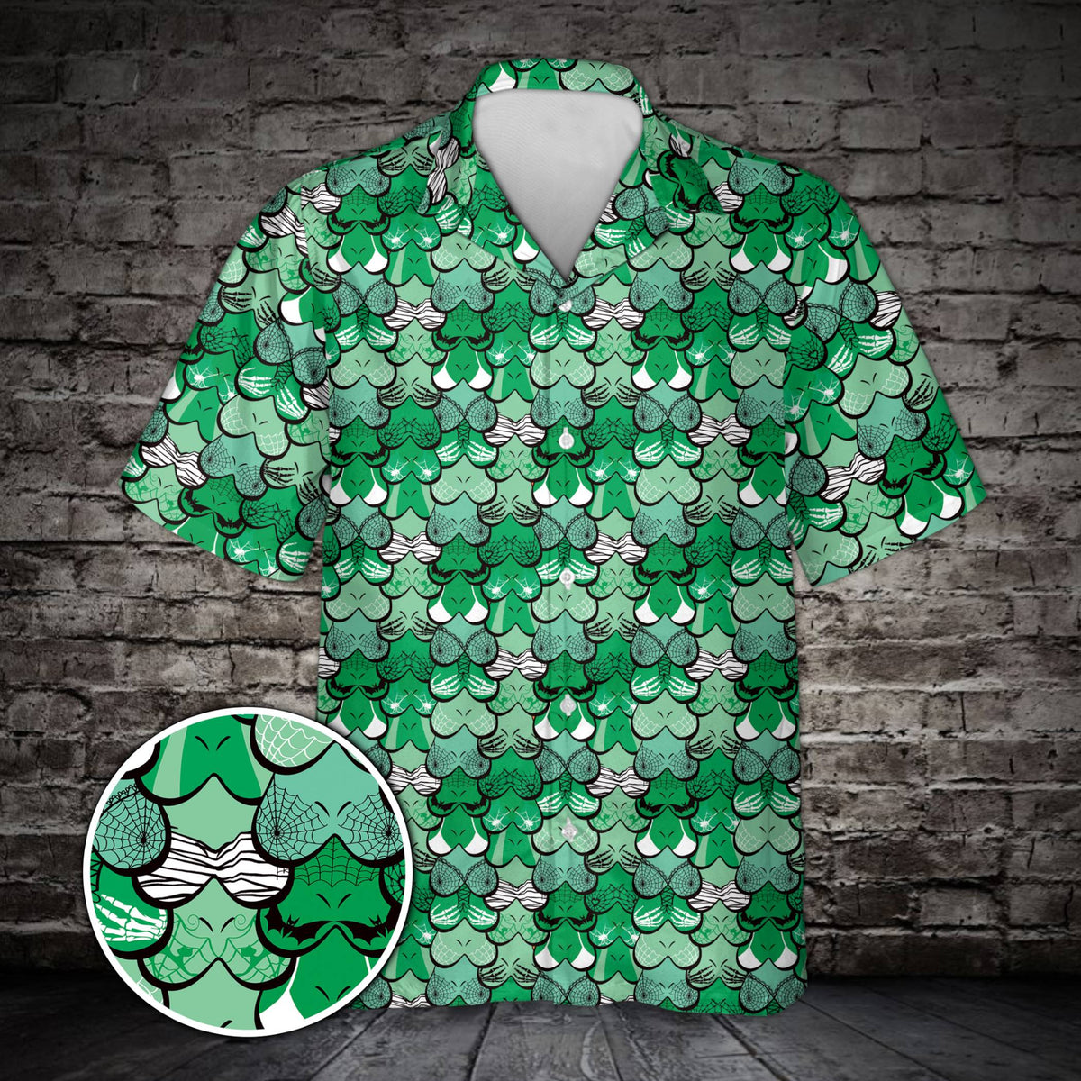 Green matching family hawaiian shirts halloween design front view