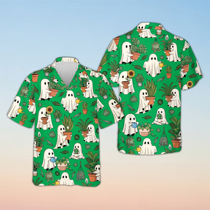 Matching family halloween hawaiian shirt with ghosts and plants, green background, front view