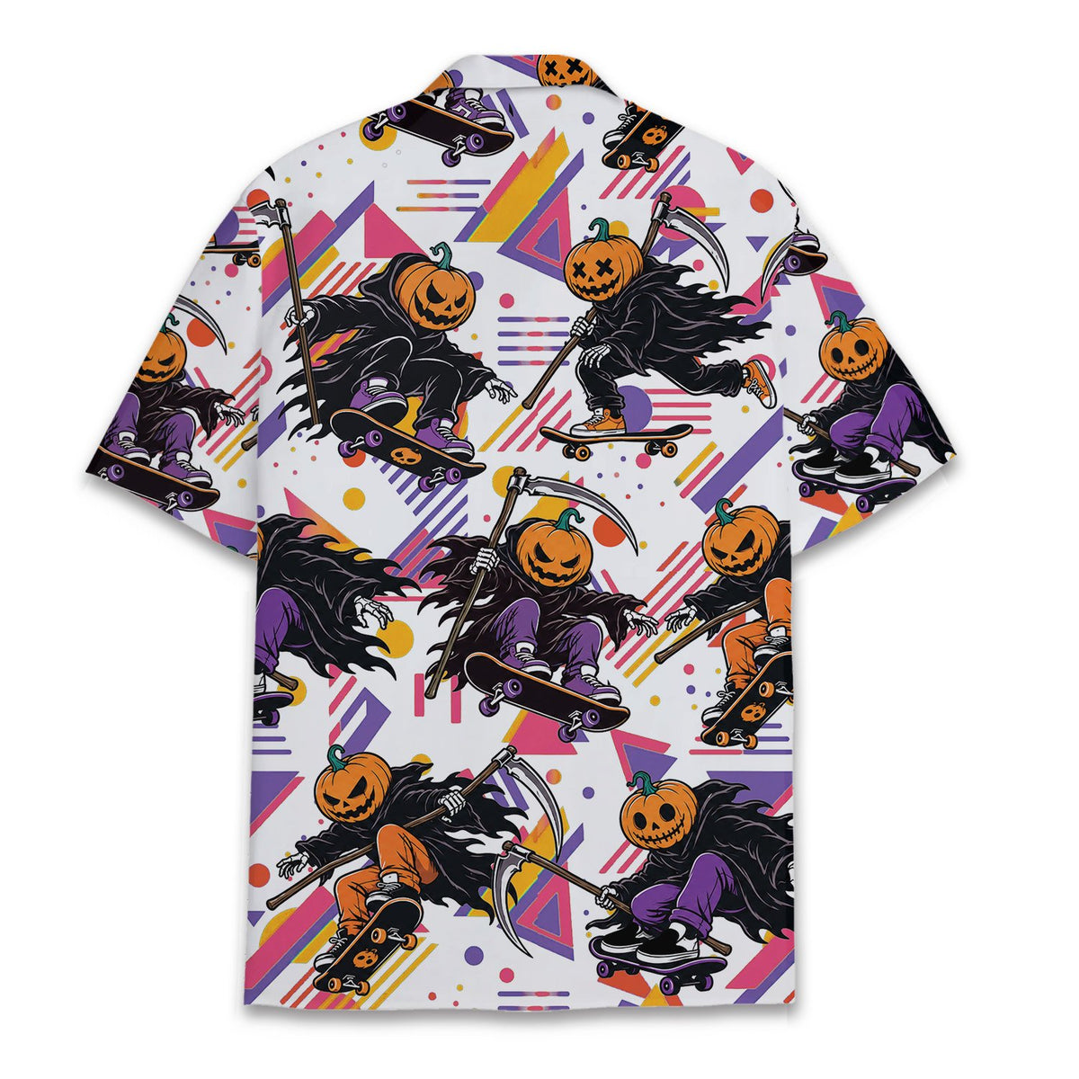 Back view of the retro 90s Halloween grim reaper skateboard Hawaiian shirt