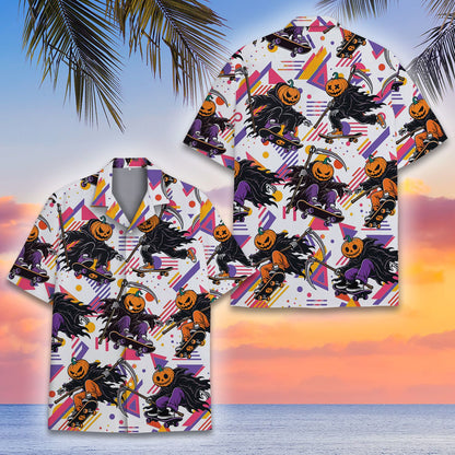 Alternative front view of the halloween grim reaper skateboard retro 90s hawaiian shirt