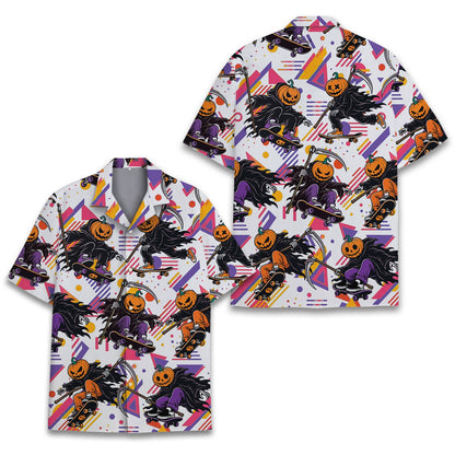 Front view of the halloween grim reaper skateboard retro 90s hawaiian shirt