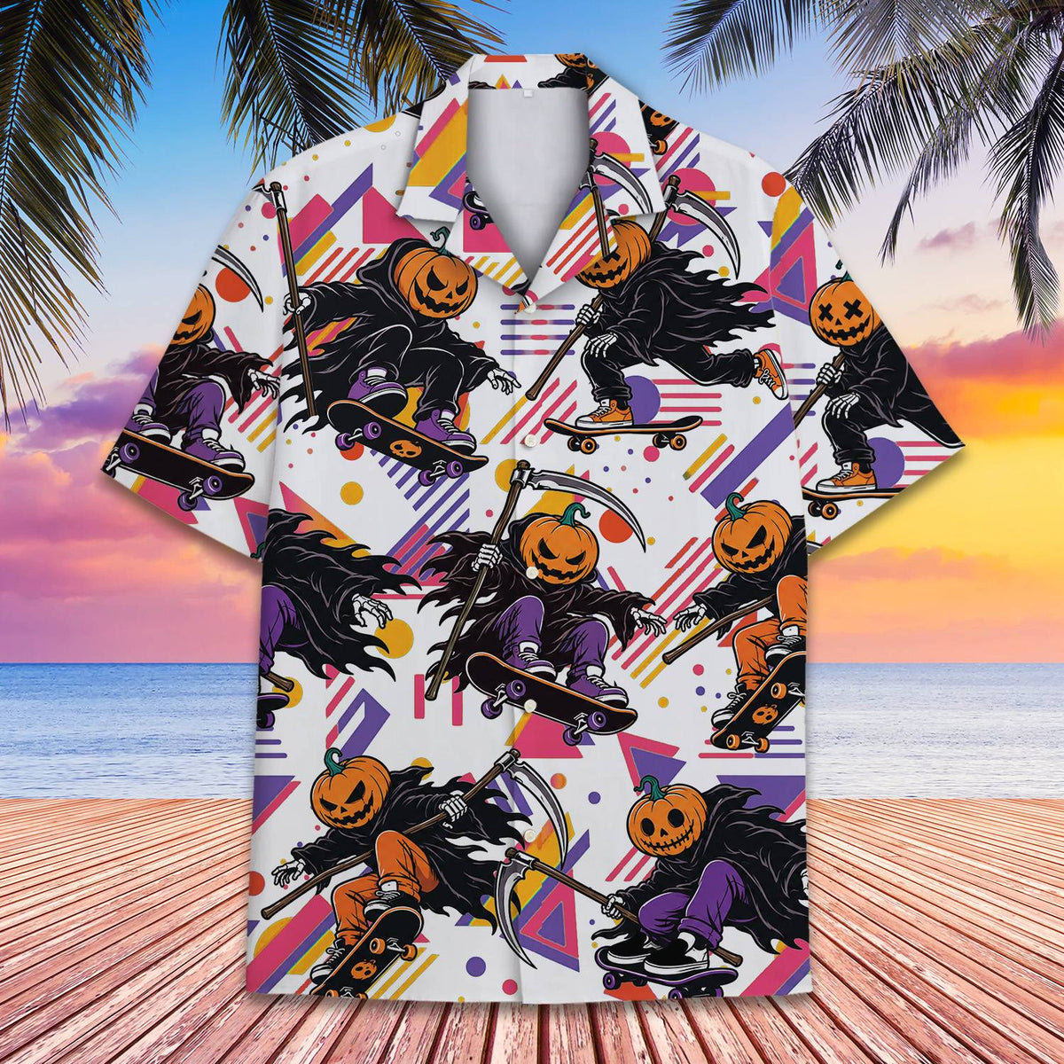 Lifestyle image of the matching family hawaiian shirts in a casual Halloween setting