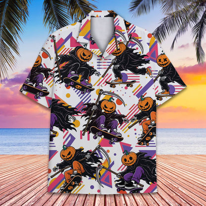Lifestyle image of the matching family hawaiian shirts in a casual Halloween setting