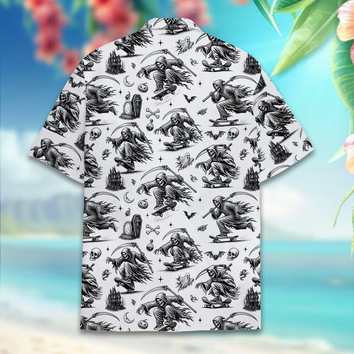 Detailed back view of the black and white holiday shirt