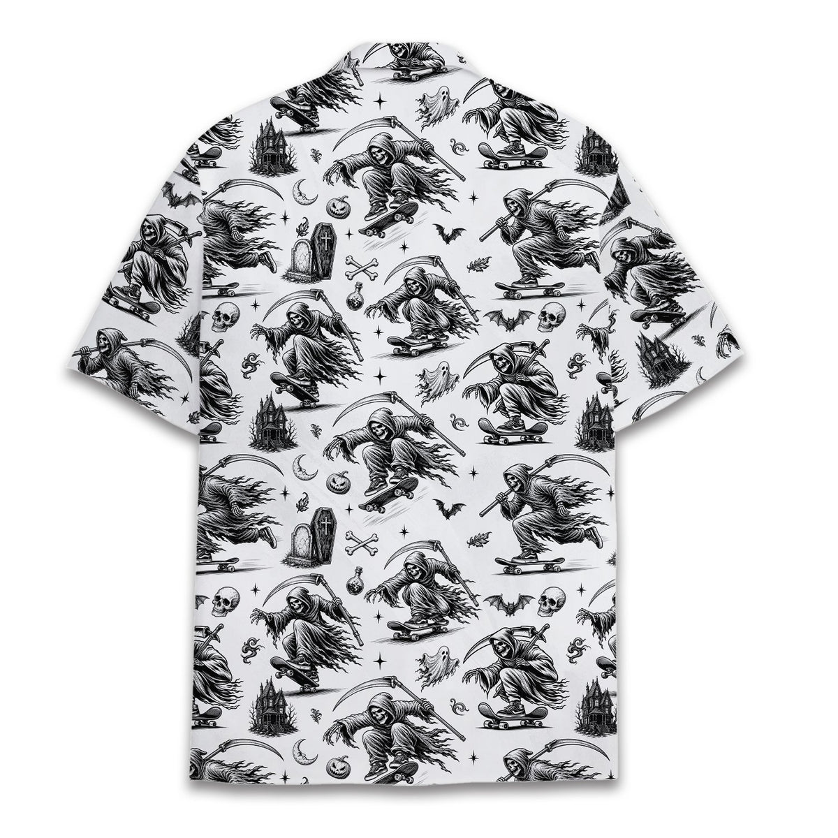 Back view of the halloween grim reaper skateboard hawaiian shirt