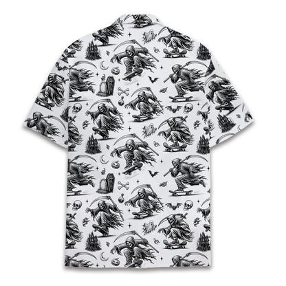 Back view of the halloween grim reaper skateboard hawaiian shirt