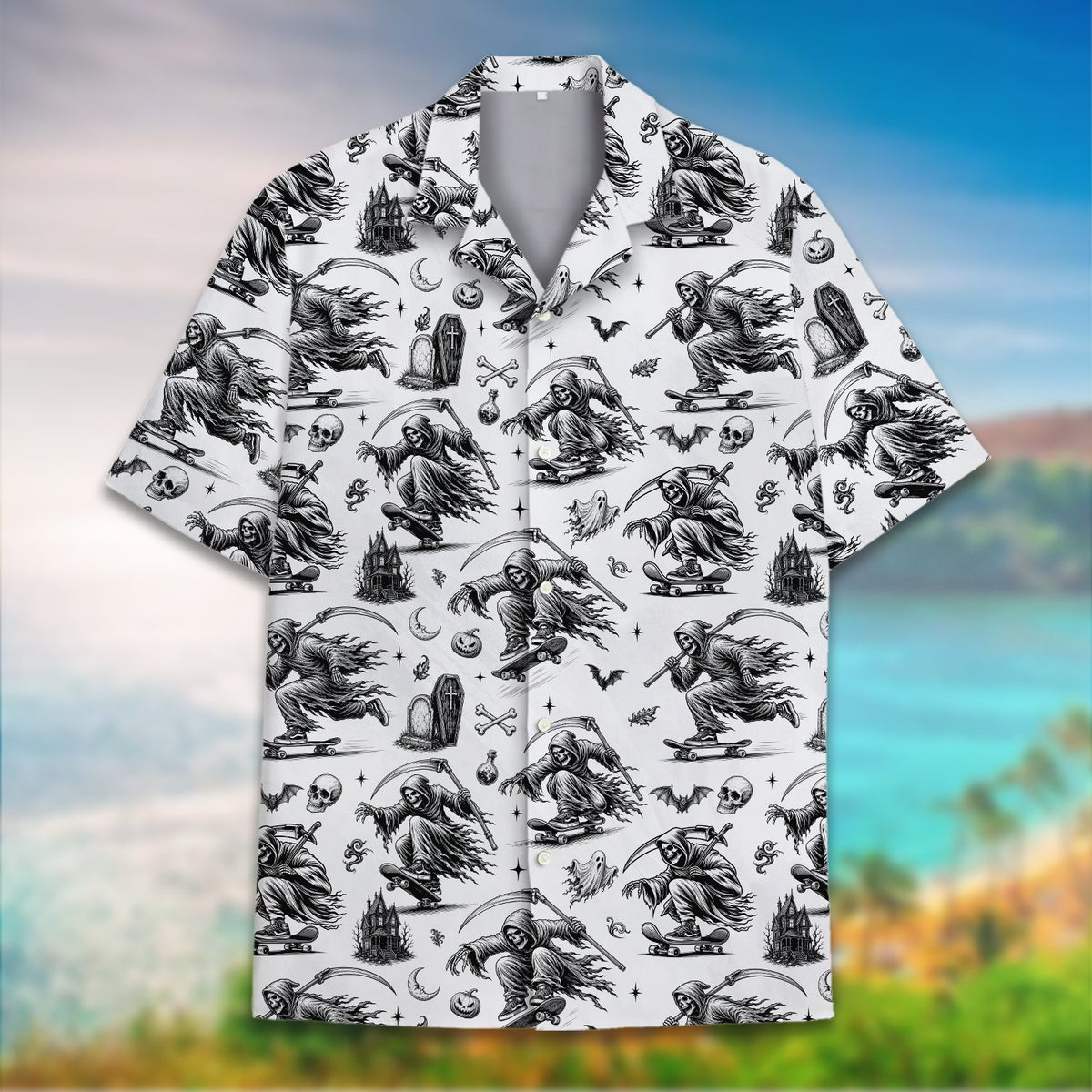 Detailed front view of the spooky button-down shirt