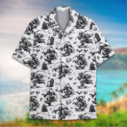 Detailed front view of the spooky button-down shirt