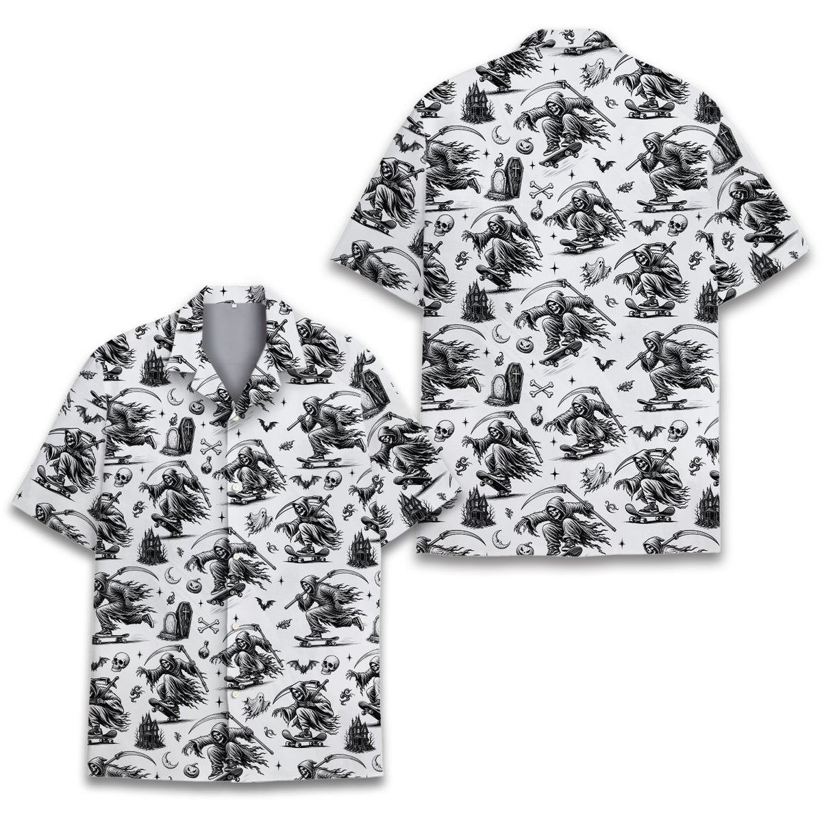 Front detail of the grim reaper pattern hawaiian shirt