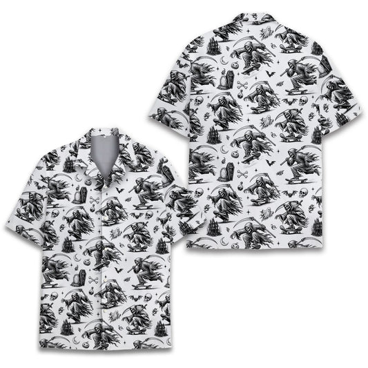 Main view of the halloween grim reaper skateboard hawaiian shirt in white and black