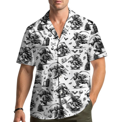 Lifestyle view of an adult wearing the halloween hawaiian shirt