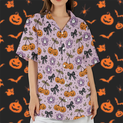 Front view of the Halloween Hawaiian shirt with ghosts and spiderwebs