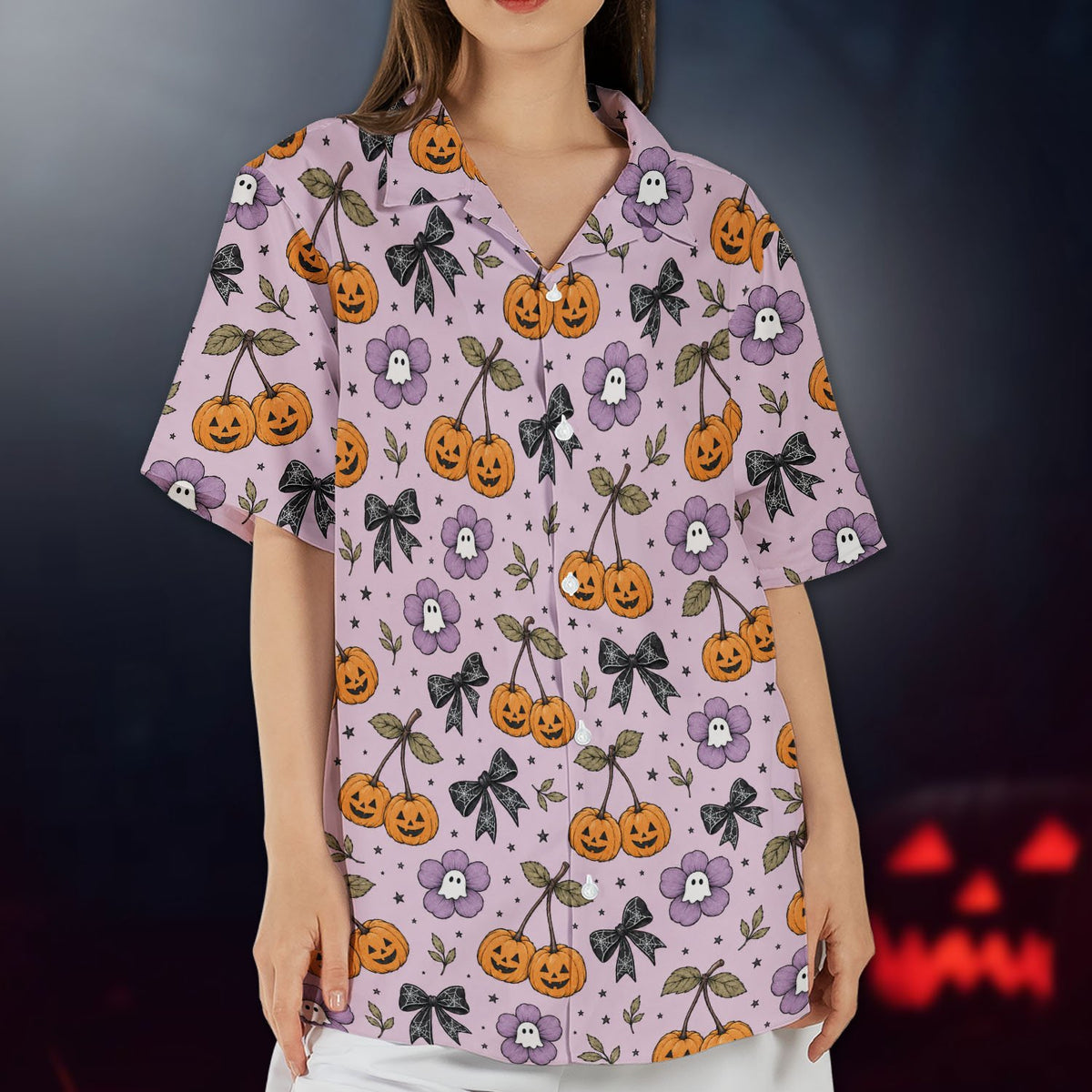Detailed front view of the light purple jack-o'-lantern Hawaiian shirt