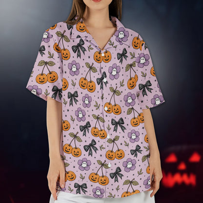 Detailed front view of the light purple jack-o'-lantern Hawaiian shirt