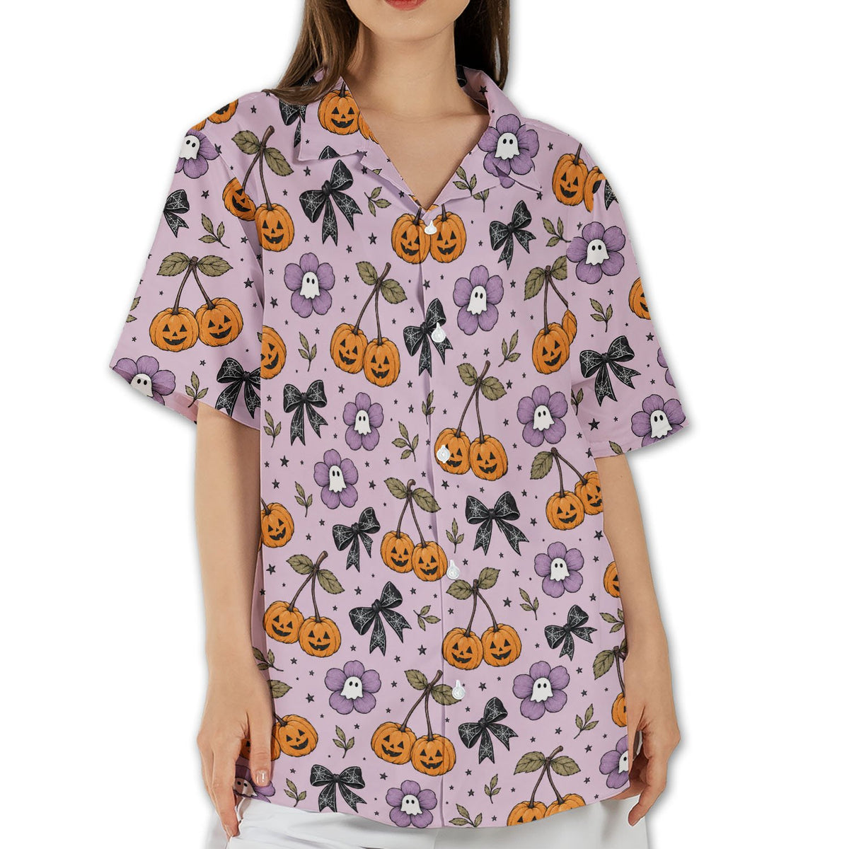 Halloween, jack-o'-lanterns, ghosts hawaiian shirt in light purple, main view