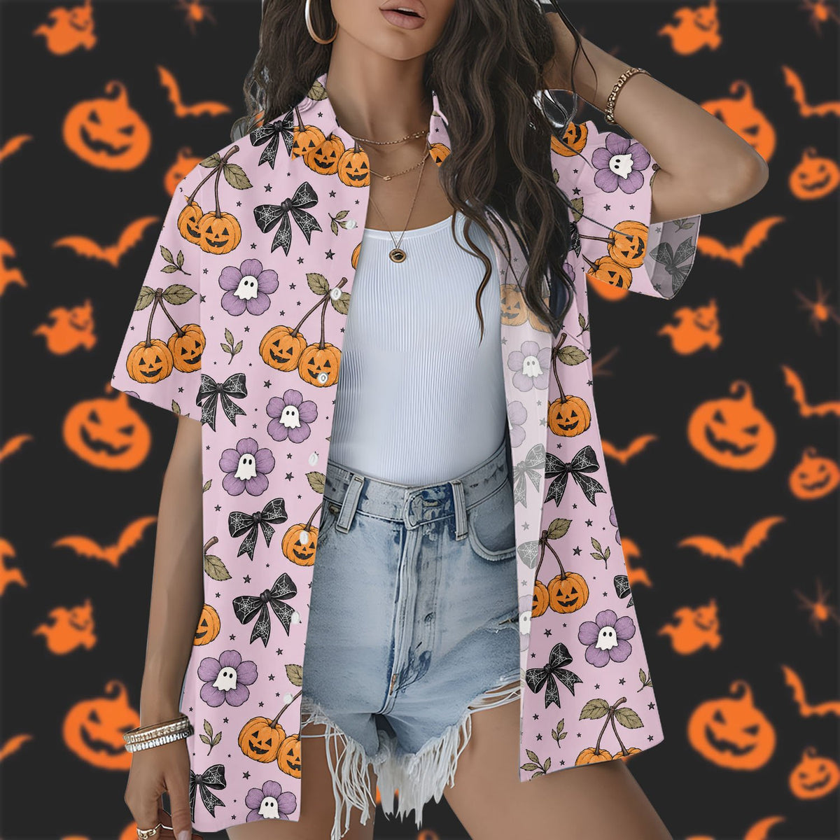 Fifth lifestyle view highlighting the fun jack-o'-lantern print