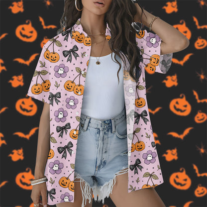 Fifth lifestyle view highlighting the fun jack-o'-lantern print