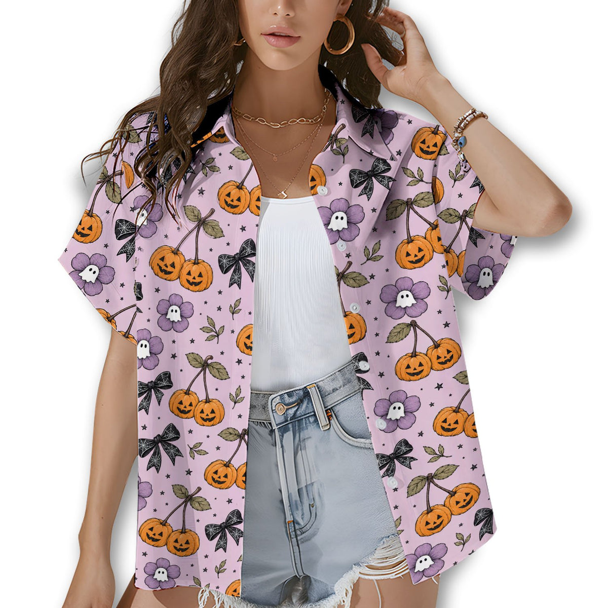 Lifestyle view of a family wearing matching Halloween Hawaiian shirts
