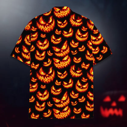 Back view of the fiery pumpkin face hawaiian shirt