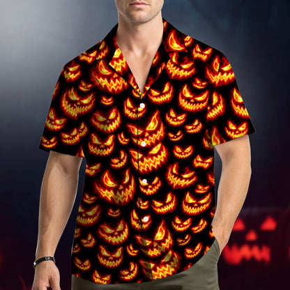 Halloween jack-o'-lanterns hawaiian shirt, front view alternate angle