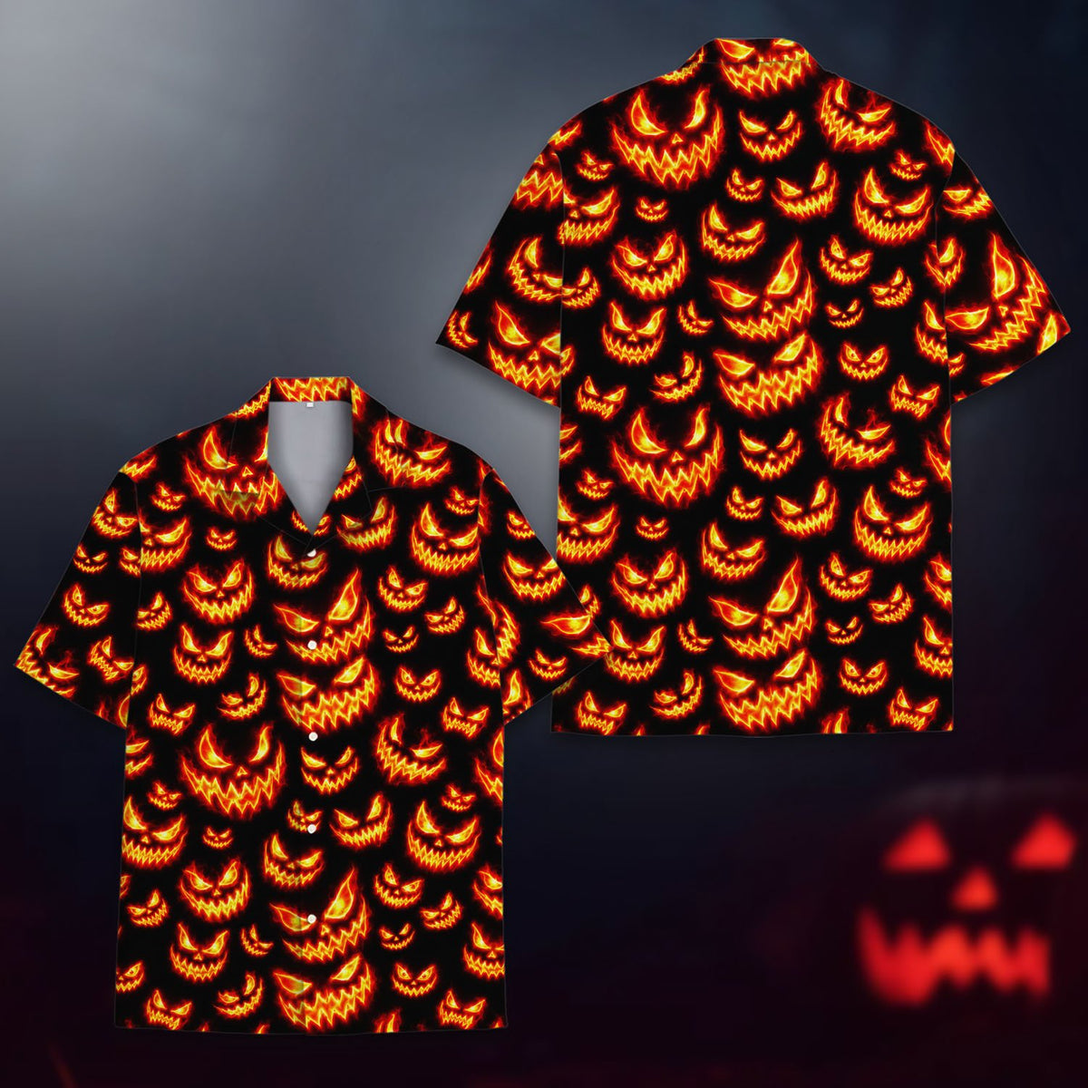 Jack-o hawaiian shirt in black, orange, and yellow, front view