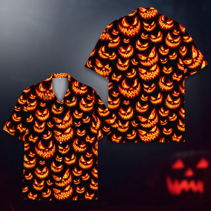 Jack-o hawaiian shirt in black, orange, and yellow, front view