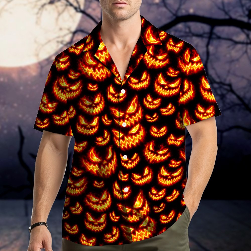 Halloween jack-o'-lanterns hawaiian shirt featuring glowing pumpkin faces, main view