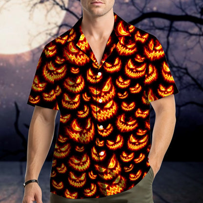 Halloween jack-o'-lanterns hawaiian shirt featuring glowing pumpkin faces, main view