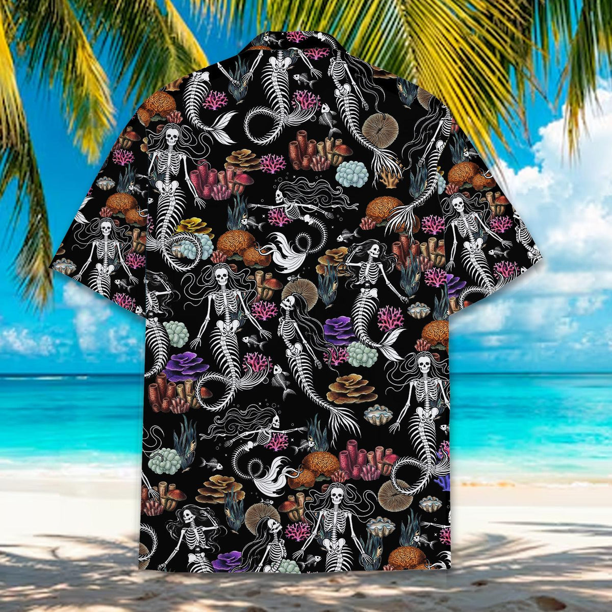 Halloween mermaid skeleton hawaiian shirt, back view 2