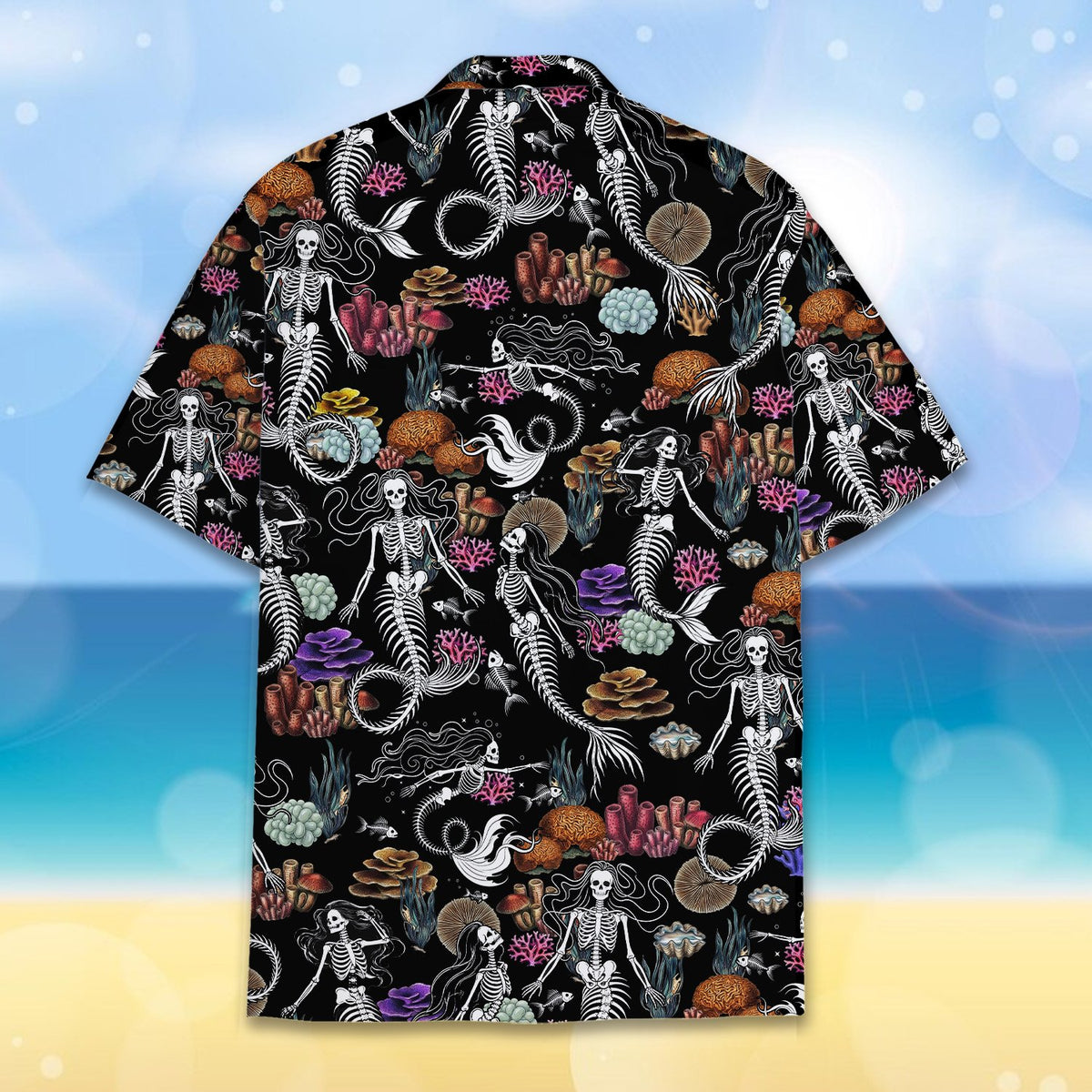 Halloween mermaid skeleton hawaiian shirt, back view