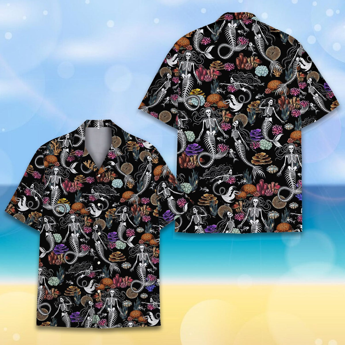 Halloween mermaid skeleton hawaiian shirt, front view 2