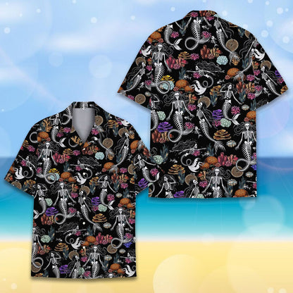 Halloween mermaid skeleton hawaiian shirt, front view 2
