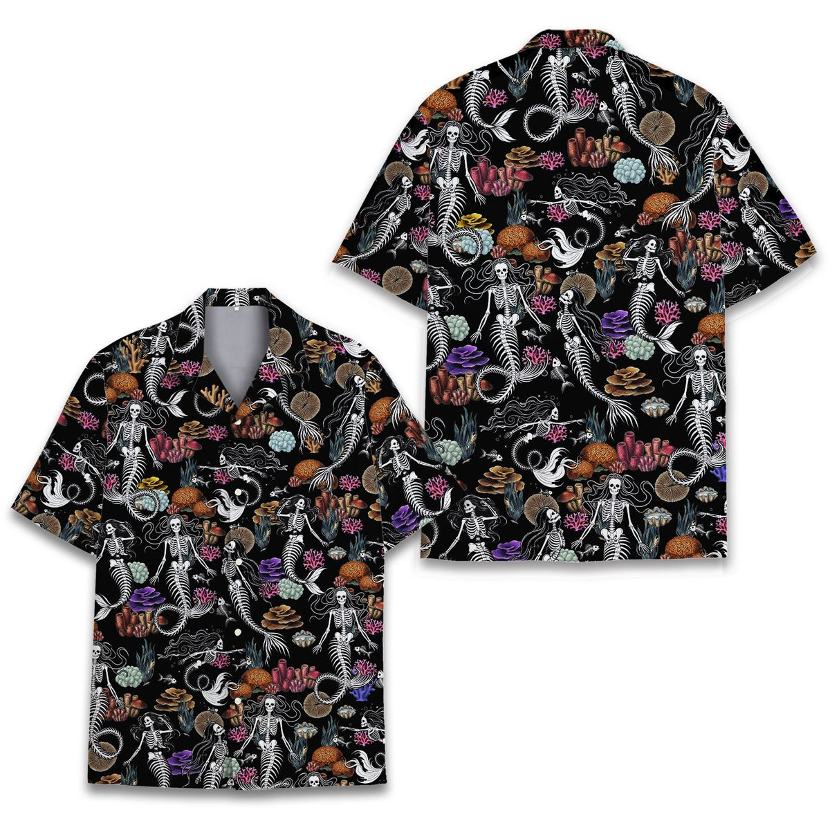 Halloween mermaid skeleton hawaiian shirt, front view 3
