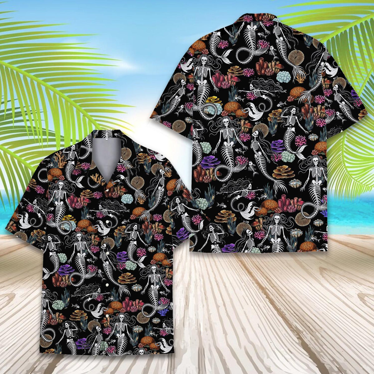 Halloween mermaid skeleton hawaiian shirt, front view 5