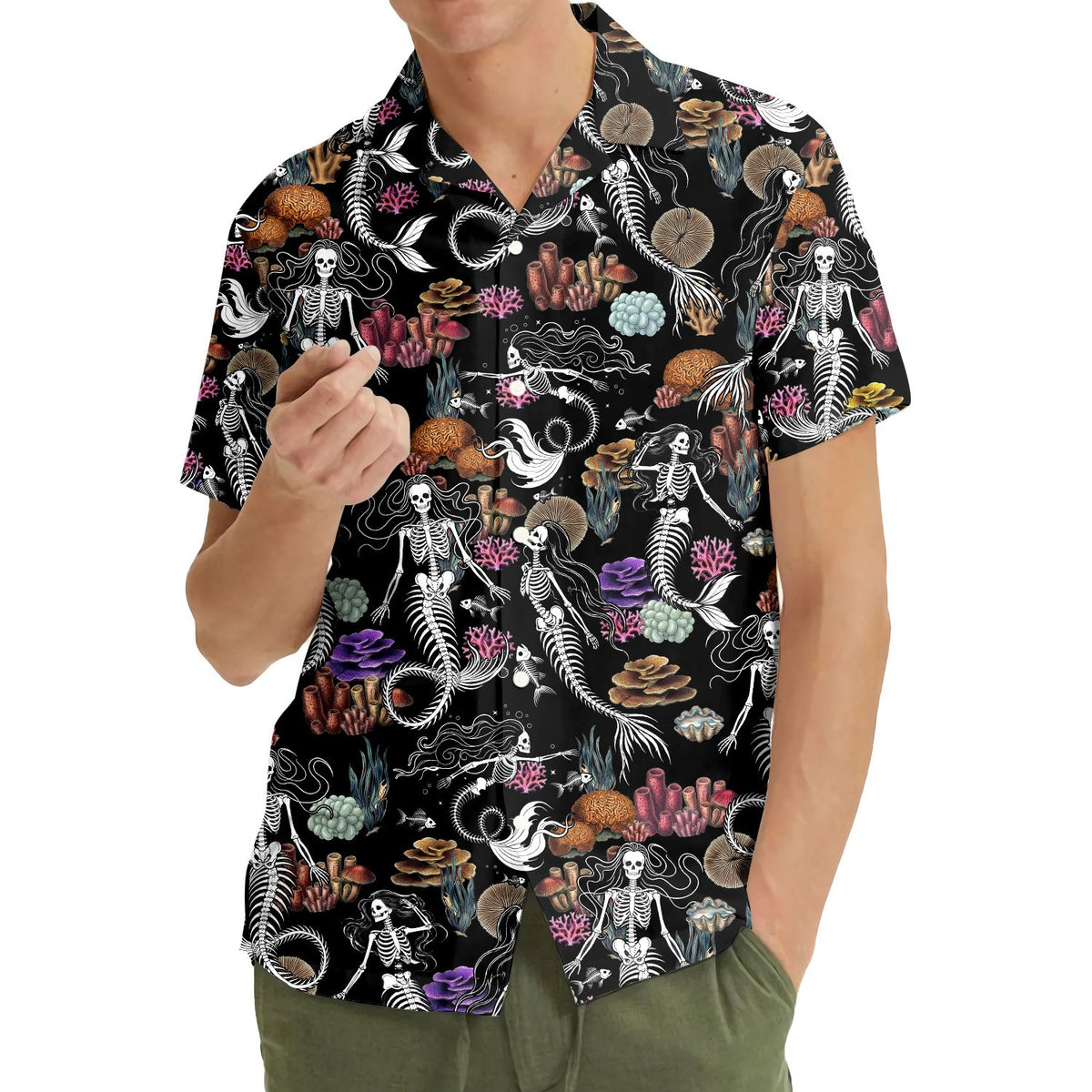 Halloween mermaid skeleton hawaiian shirt with dark aquatic print, main view